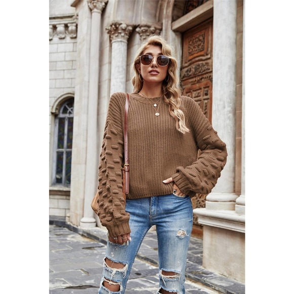 Lantern Long-Sleeved Knitted Pullover Cable Knit Sweater - Picture 10 of 12